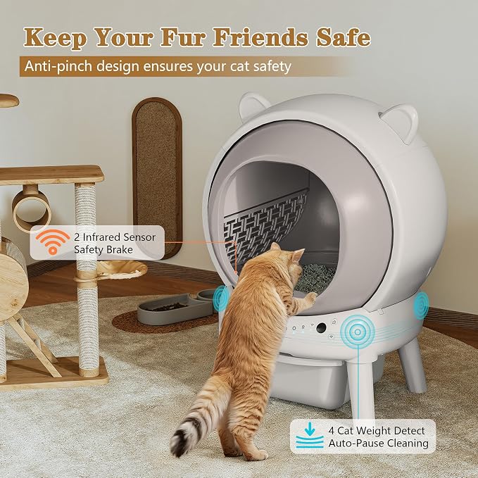 PUPETPO Self Cleaning Litter Box, Automatic Cat Litter Box for Multiple Cats, Auto Litter Box Robot with APP Control, Dual Safety Sensors, Odor Control&Low Noise, Cat Ears Design, Ivory White - Image 4