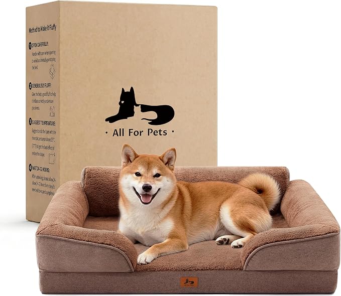 Orthopedic Dog Beds for Medium Size Dogs, Waterproof Egg-Crate Foam Pet Couch Bed with Soft Sides, Non-Slip Dog Sofa with Fleece Removable Washable Cover, 35" L Supportive Pet Sofa, Brown by WARMREST