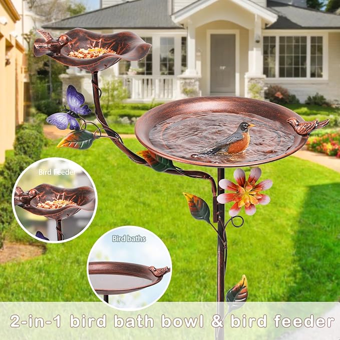 MUMTOP Bird Bath and Feeder for Outdoors, 53in Height Metal Birdbath Copper | Antique Garden Bird Feeder and Bath with Stable Metal Stake for Outside Yard Lawn Decor, Metal Garden Bird Water Station - Image 2