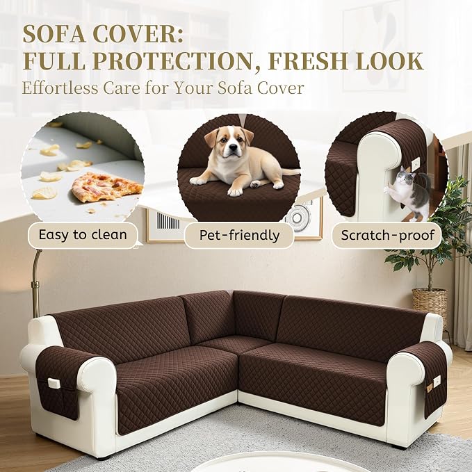 Sectional Couch Covers for Dogs 100% Waterproof Corner L Shaped Sofa Cover Pet Friendly Velvet Washable Anti Slip L Shape Modular Sofa Slipcover Protector with Pockets (Dark Brown, Large) - Image 4