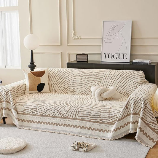 ROOMLIFE Thicked Striped Couch Cover with Tassel Khaki Chenille Sofa Cover Blanket for Sectional Sofa, Soft Sofa Slipcovers for L Shaped Love Seat 2-3 Cushion Couch Anti Slip Sofa Protector, 71"x118" | Sofa Cover Blanket for Sectional Sofa, Soft Sofa S... by ROOMLIFE