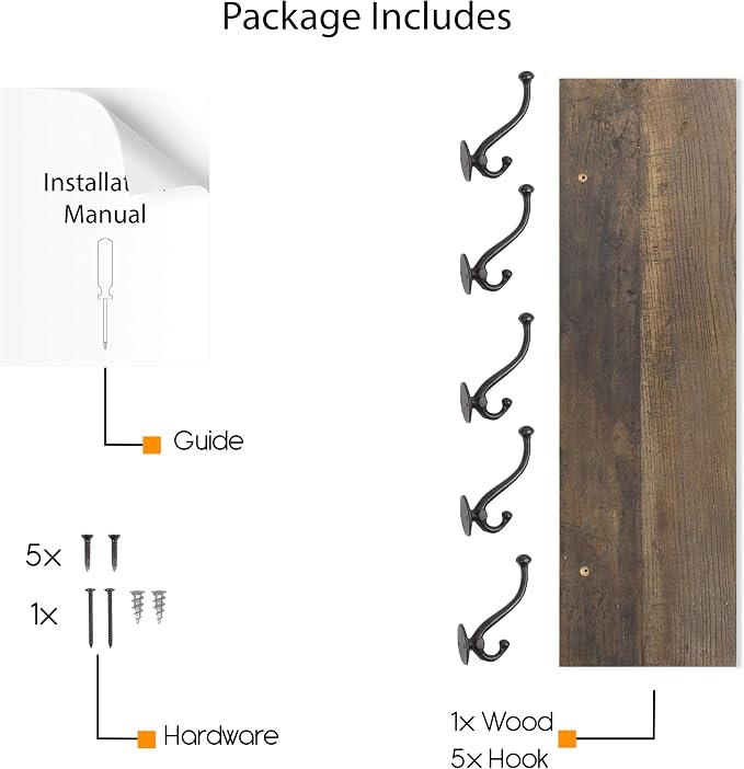 Rustic State Takki Wall Mount Mudroom Entryway Organizer Farmhouse Wood Coat Rack with 5 Cast Iron Double Hooks Walnut 30 Inches Long - Image 4