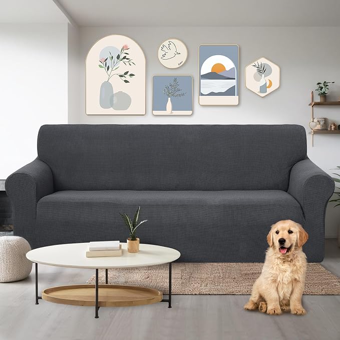 U-NICE HOME Stretch Couch Cover Slipcover for 3 Cushion Sofa, Dark Grey | 1-Piece Sofa cover, Washable, Pet friendly, Furniture protector, Polyester Spandex Jacquard fabric - Image 2