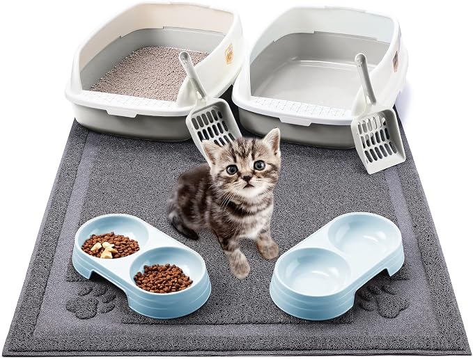 Sliner 7 Pcs Kitten Litter Box Starter Kit, 2 Plastic Small Kitty Litter Box Training Low Entry with Scoop, 2 Double Cat Bowl and Mat for Kitten Indoor(Gray) by Sliner