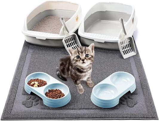 Sliner 7 Pcs Kitten Litter Box Starter Kit, 2 Plastic Small Kitty Litter Box Training Low Entry with Scoop, 2 Double Cat Bowl and Mat for Kitten Indoor(Gray) by Sliner
