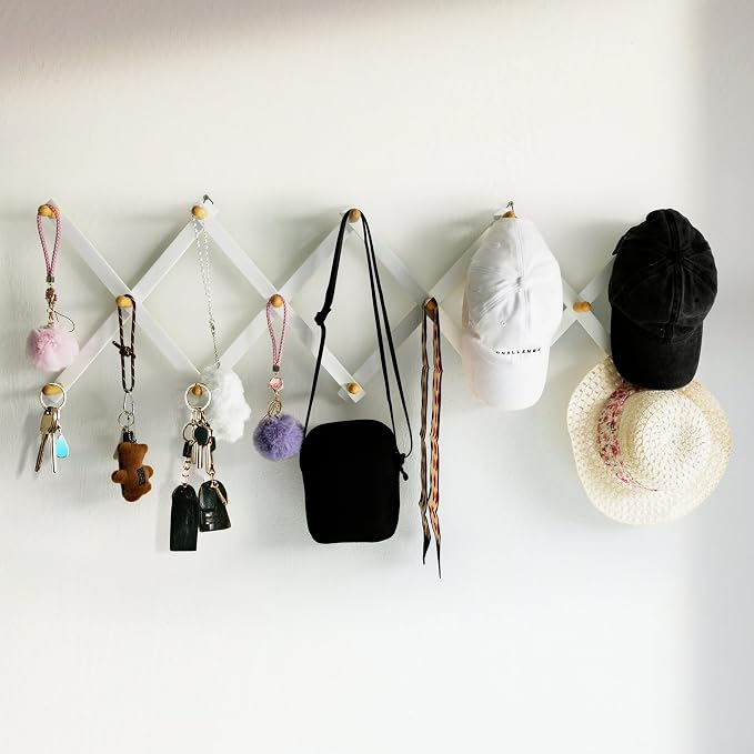 SKOLOO Hat Rack for Wall with 14 Hooks, Solid Wooden, Modern, Expandable Coat Rack Wall Mount for Coats, Hats, Bags, Baseball Caps, Natural on White - Image 3