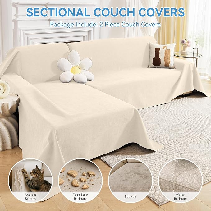Deep Dream Sectional Couch Covers, 2 Pieces 100% Waterproof L Shaped Sofa Cover, Non Slip Couch Cover for Dogs Cats Washable, Pet Friendly Sofa Slipcovers Furniture Protector (XX-Large, Beige) - Image 3