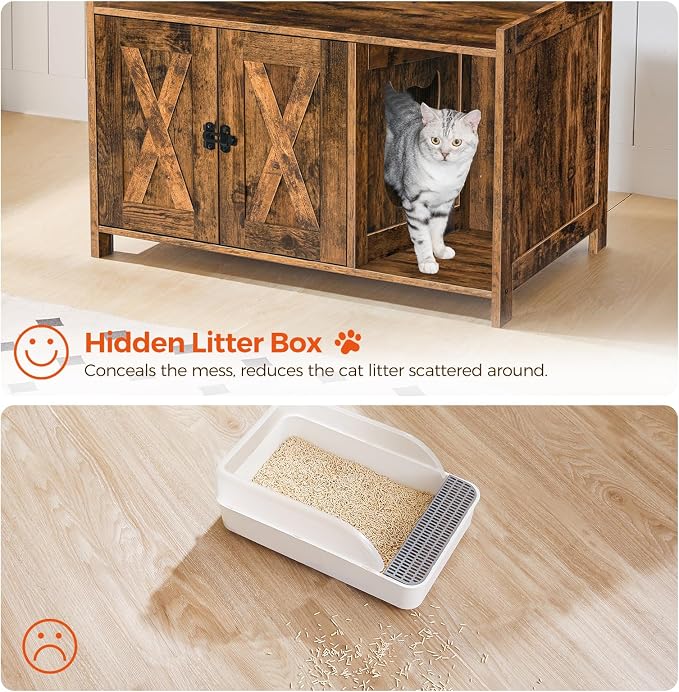 MAHANCRIS Cat Litter Box Enclosure, Hidden Litter Box Furniture with Divider, Indoor Cats House, Wooden Cat Washroom Storage Cabinet Bench, Side End Table Nightstand, Rustic Brown CWHR2501Z - Image 7