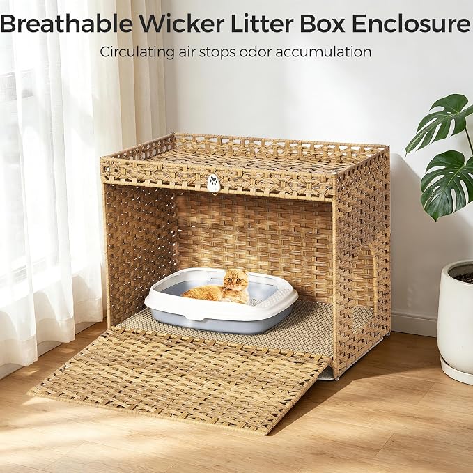 Cat Litter Box Enclosure with Door, Hidden Cat Washroom Furniture | Handwoven PP Wicker; Soft Litter Mat Included; Spacious Interior; Furniture-Style Design; Indoor Home Décor - Image 4
