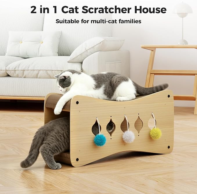 COZIWOW Cardboard Cat Scratcher House with Toys 26-Inch Curved Cat Lounger as Tunnel Double-Layer Scratching Box and Corrugated Board for Play, Scratch, Sleep and Rest - Image 2