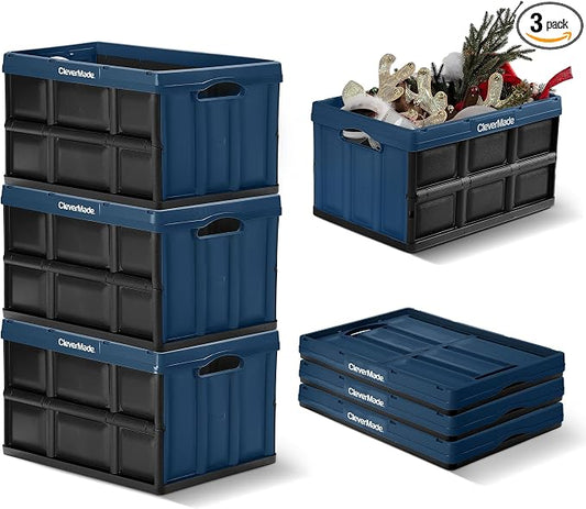CleverMade Collapsible Storage Bins, 46L, 3 Pack, Ocean | Each bin supports 75 lb for groceries, tools, or gear. Interlocking bases stack securely, and the bins fold to 2.75 inches. by CleverMade