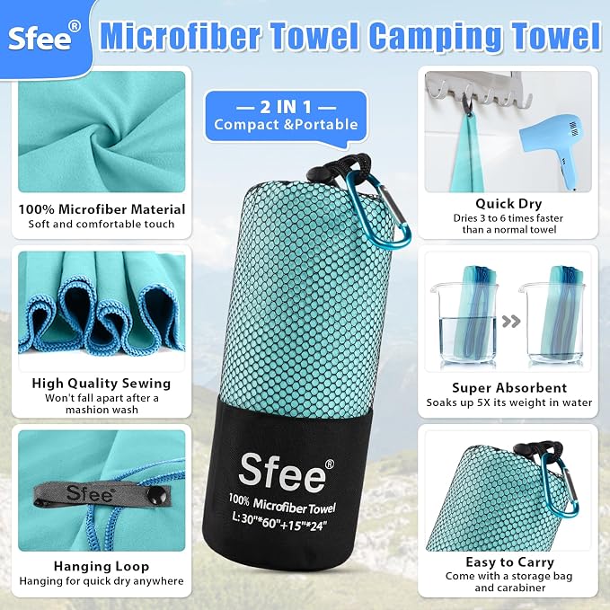 Sfee XL Microfiber Towel, Quick Dry Beach Towel Set 2 Pack - Super Absorbent, Lightweight, Compact, Bath Towel for Travel, Gym, Hiking, Pool, Backpacking, Yoga, Mint - Image 2