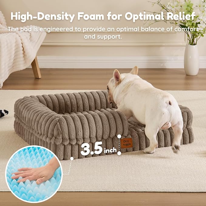 ChiXnuggle Faux Fur Orthopedic Dog Bolster Bed, Waterproof Washable Cover | rectangular dog sofa couch,egg crate foam,non-slip bottom,for small medium dogs,taupe,30*24*7,puppy bed - Image 3