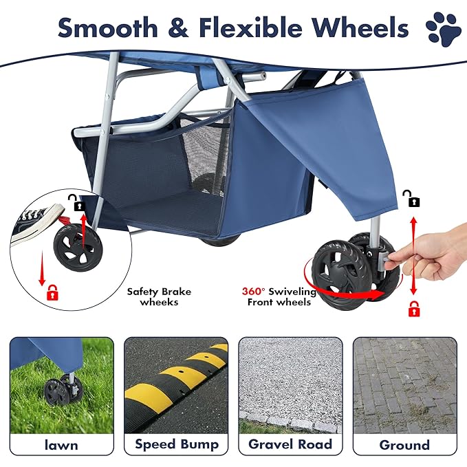 Sweetcrispy 3 Wheels Pet Stroller for Small Dogs and Cats – Foldable Dog Stroller with Mesh Windows, Storage Basket & Cup Holder, Lightweight & Durable Pet Carrier for Travel, Outdoor Use, Blue