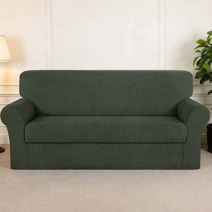 Sofa Cover Stretching Skid Resistance Couch Cover for Pets Washable, Thick and Durable Soft High Spandex Striped Pattern Sofa Covers, Form Fitted Sofa Slipcover(Sofa, Green) - Image 7