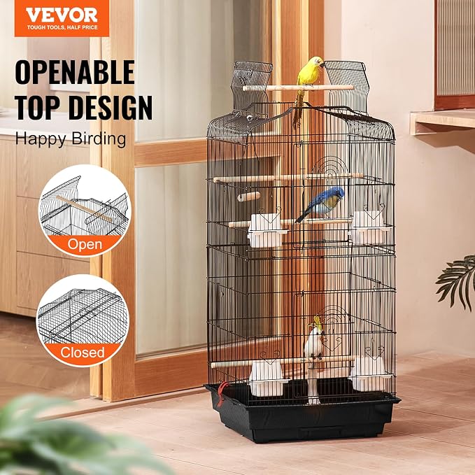 VEVOR 41-inch Open Top Large Parrot Bird Cage, Hanging Bird Cage for Parakeets Finches Canaries Lovebirds Cockatiels Budgies Small Quaker Conures Travel Pet Flight Birdcage with Swing and Perch - Image 2
