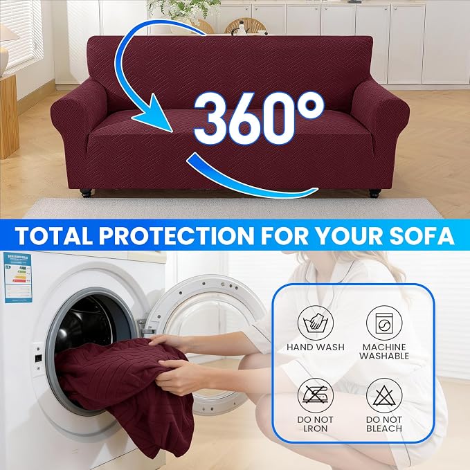 Stretch Sofa Cover Non-Slip Washable Furniture Protector | Stretch, 91"-110".Soft, Non Skid Foam, Elastic Bottom, Machine Washable, for Kids & Pets, Couch & Sofa, Wine Red - Image 8