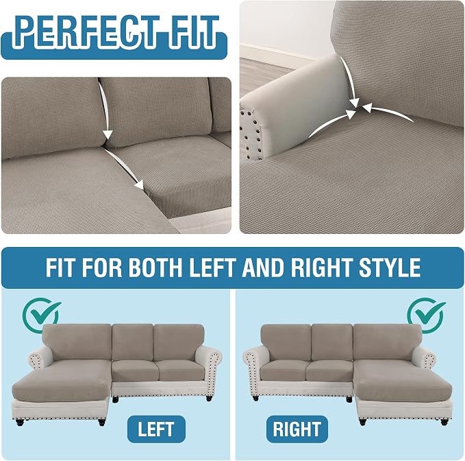 H.VERSAILTEX 2025 New Sectional Couch Covers 6 Pieces Stretch Sofa Covers for Sectional Sofa Set Separate L Shaped Couch Cover for Both Left/Right Couch (Seat and Back: 1 Chaise + 2 Sofa, Taupe) - Image 5