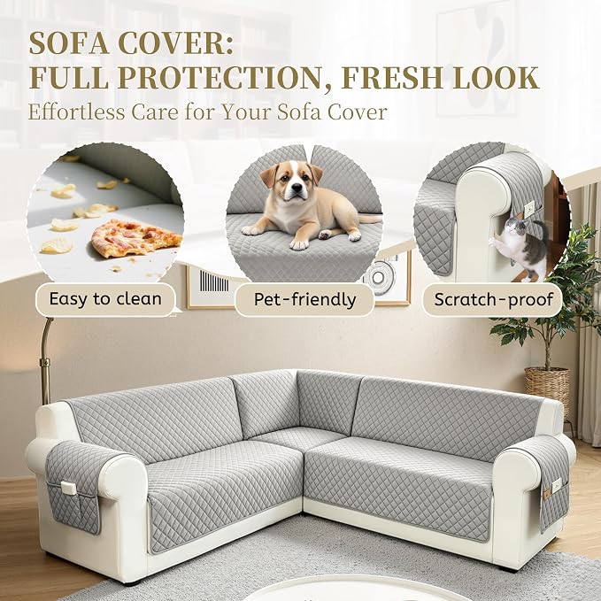 Sectional Couch Covers for Dogs 100% Waterproof Corner L Shaped Sofa Cover Pet Friendly Velvet Washable Anti Slip L Shape Modular Sofa Slipcover Protector with Pockets (Light Gray, Small) - Image 4