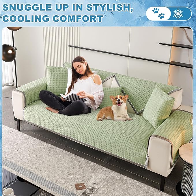OTOB Cooling Couch Cover Washable Anti Slip Furniture Protector, 1 Piece | Fresh Green, 43.3"x94.5", Premium Ice Silk Fabric, Modern Geometric, Soft, 3D Bionic Breathable, Sectional Sofa Slipcover - Image 9