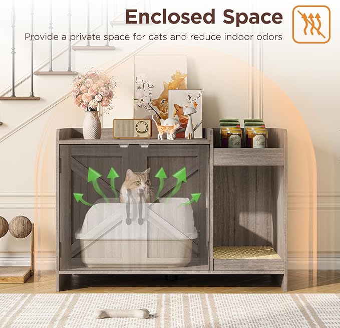 Halitaa Cat Litter Box Enclosure, Hidden Litter Box Furniture with Scratch Pad and Storage, Modern Indoor Cat House with Divider, Side End Table, Grey - Image 6