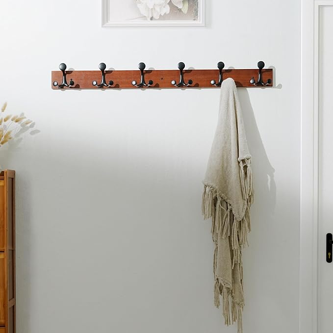 SKOLOO 39-Inch Cherry Wood Coat Rack Wall Mount with 6 Triple Hooks - Ideal for Family Entrances, Classrooms, and Pet Supplies Storage - Perfect Coat Hooks for Wall - Image 2
