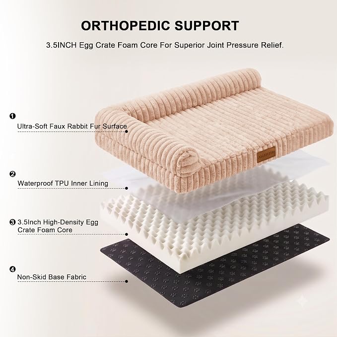Orthopedic Calming Large Dog Bed Pet Sofa Bed 36''X24'' Beige | 2-Sided Pet Couch Large Sized Dog, Soft Egg-Crate Foam Dog Mat, Waterproof Removable Washable Cover, Nonskid Bottom Cat Bed - Image 6