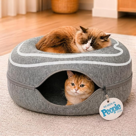 Peekaboo Cat Cave Donut - Cat Tunnel Bed for Indoor Cats – Cute Patterns Hideaway for Multiple & Large Cats, Scratch-Resistant (Dark Gray) by MEOWFIA