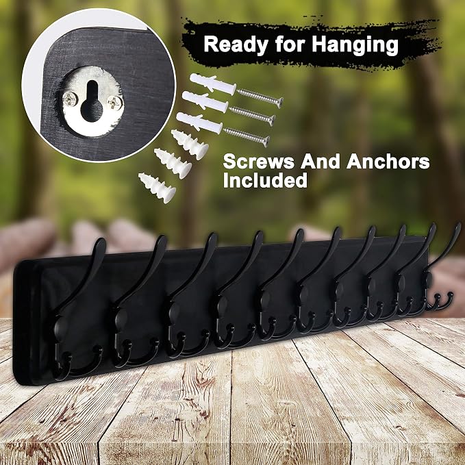 Dseap Coat Rack Wall - Heavy-Duty 38-1/4" Long, with Reinforced 10 Custom Tri-Hooks, Solid Wood Wall Hanger for Coats Hat Jackets - Rustic Farmhouse Entryway Hallway Storage, Black - Image 9