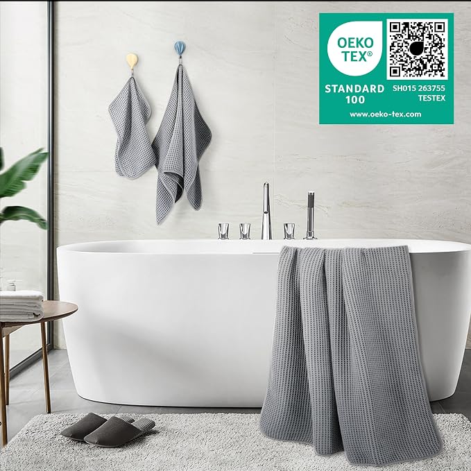 POLYTE 430 GSM Microfiber Quick Dry Lint Free Oversize Bath Towel Set, 6 Piece (Waffle Weave) - Image 3