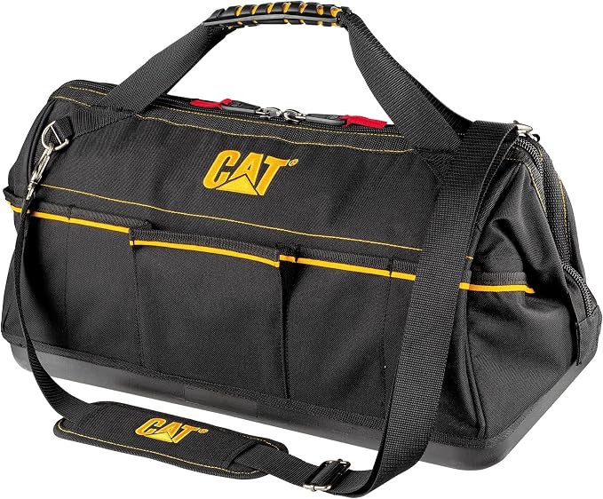 Cat 20-Inch Tech Wide Mouth Tool Bag with 12 Exterior Pockets, Hi-Vis Interior, Molded Base, Shoulder Strap, and Reinforced Handles – Heavy-Duty 1200D Polyester Construction - 240173 by Unknown