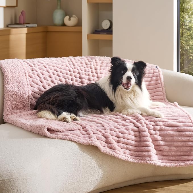 Bedsure ComfyFleece™ Waterproof Dog Blankets for Large Dogs,50x60 | Soft Plush Couch Cover,Washable Corduroy Fleece for Furniture Protector,Cozy Calming Reversible Pet Blanket, Blush Pink by BEDSURE