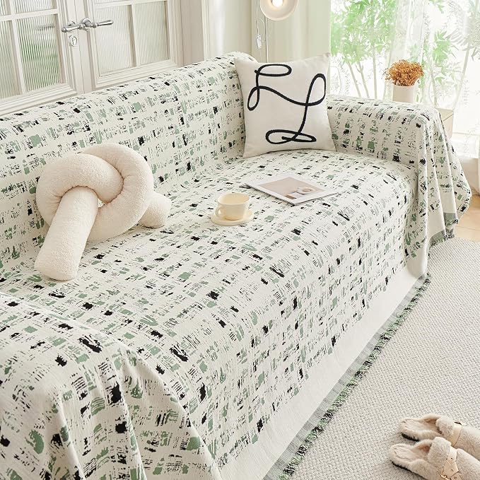 DREAMINGO Abstract Chenille Couch Cover Blanket Beige Green Black Boho Sofa Cover, Washable Furniture Protector, Universal Slipcover for Couch, Geometric Brushstroke Jacquard, Large 71"x118" - Image 7
