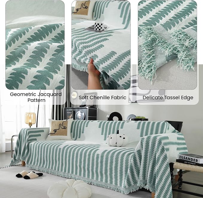 Stylish Non-Slip Thickened Geometric Jacquard with Tassels Sofa Cover, Washable Loveseat Cover Couch Covers for Sectional Sofa, Cat Scratch Furniture Protector(71" x 102", Green) - Image 3