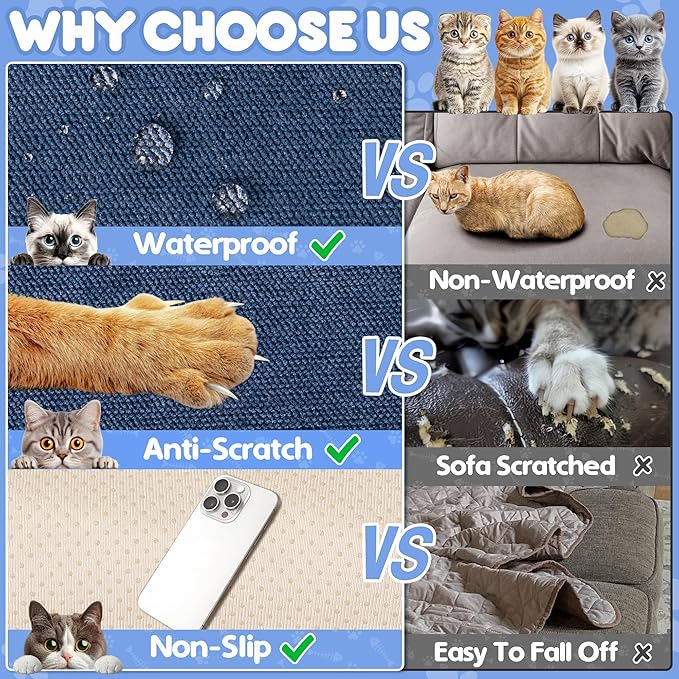 Cat Scratch Furniture Protector - Anti-Slip, Waterproof Sofa Cover to Keep Cats Off, Pet-Friendly Couch Protectors for 3 Cushion Couch, Anti-Scratch Couch Cover for Pets and Kids 134"X71"Navy Blue | Pet-Friendly Couch Protector, Anti-Scratch & Anti-Sli... - Image 4