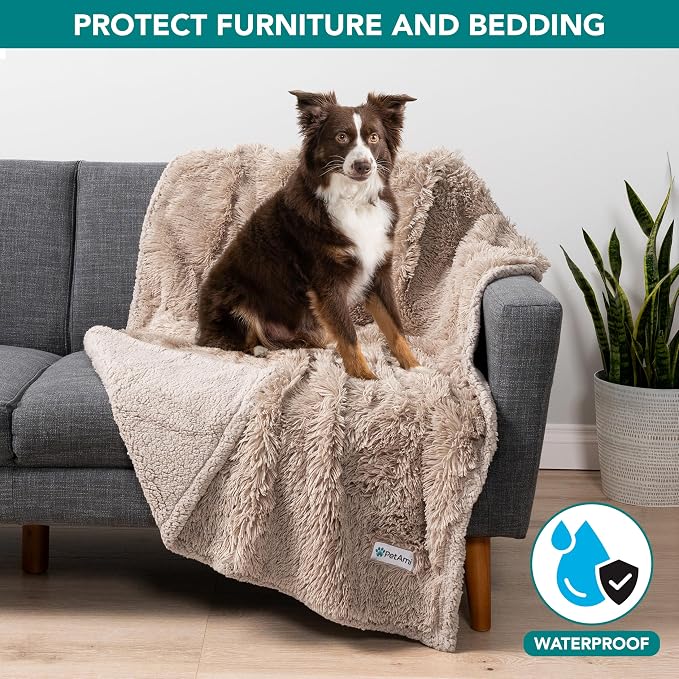 PetAmi Waterproof Dog Blanket for Couch, Bed & Furniture,Reversible Sherpa & Faux Fur Pet Blanket, Leakproof Blanket for Puppy Cat, Washable Soft Calming Pet Couch Protector (29x40, Taupe) - Image 2