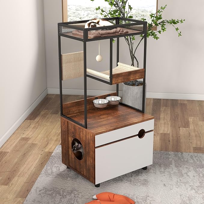 Cat Litter Box Furniture Enclosure with Shelve and Scratching Pad, Hidden Litter Box Furniture Pet Cabinet with Cat Feeding Station, 48.4 Inch Wooden Kitty Washroom Furniture, Cat Tree House,Cat Tower - Image 9