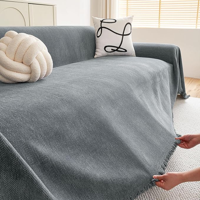 hyha Couch Cover for Dogs, Boho Chenille Sofa Cover for 3 Cushion Couch | Anti-Scratch Washable Sofa Slipcover, Loveseat Sectional Couch Throw Blankets with Tassels (Grey, 71x150 Inch) - Image 5