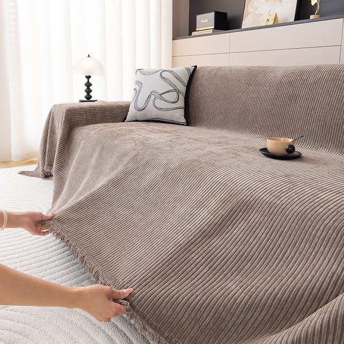 DREAMINGO Modern Minimalist Sofa Covers Washable Pet Furniture Protector Couch Cover for Dogs Cozy Chenille Couch Cover Blanket Stripe Textured Sectional Couch Slipcovers (XX-Large, Coffee) - Image 3