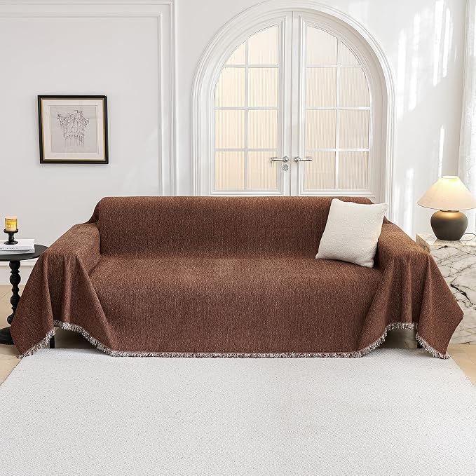 MYSKY HOME Chocolate Couch Cover Non Slip Dog Sectional Sofa Cover for 3 Cushion Couch Sofa Slipcover with Tassels Futon Cover Non Slip Washable Furniture Protector Cover for Pet, Cat, 91"x118" - Image 9