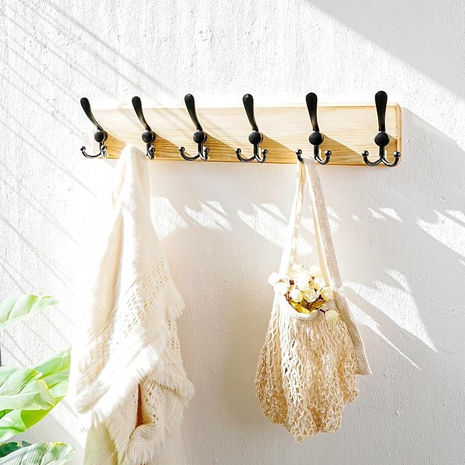Dseap Coat Rack Wall Mounted - 24" Long 6 Tri Hooks, Heavy Duty Wooden Wall Coat Hanger Coat Hook for Clothes Hat Jacket Clothing, Weathered Light Natural and Black - Image 6