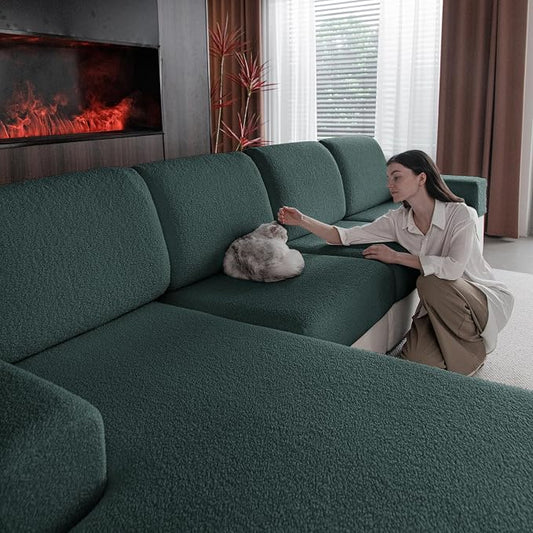 OHSIO Couch Cushion Covers for Sectional Sofa, Stretch Soft Sofa Slipcovers Washable Wear-Resistant Universal Furniture Protector for Living Room(2 Seaters Covers+1 Chaise Cover, Green) by OHSIO
