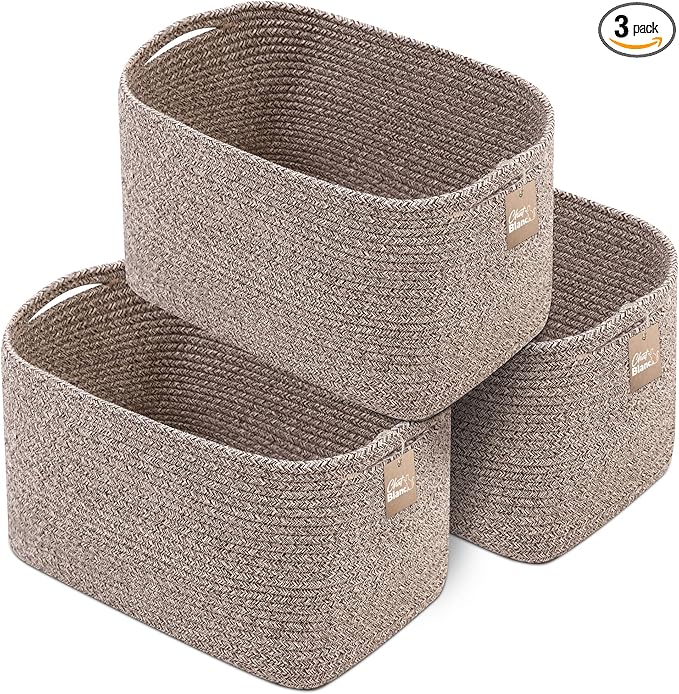 CHAT BLANC Cotton Rope Baskets for Organizing, Shelves, Toys, Storage, Shoe, Bathroom, Laundry, Towel, Nursery, Home Decor, Blanket, Cloth Woven Bins Fabric (Brown, 15"x10"x9") by CHATBLANC