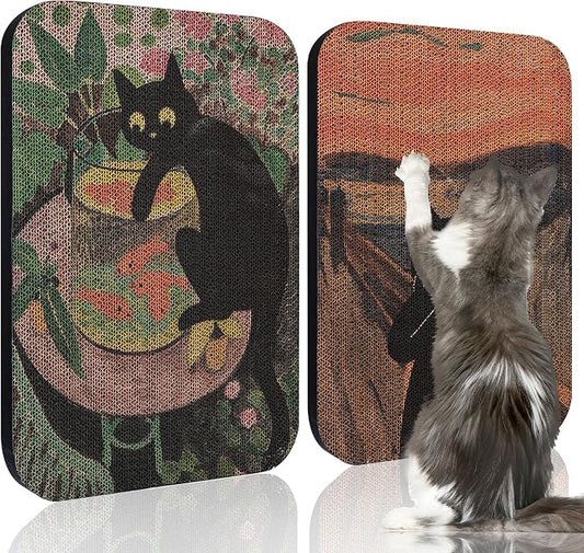 2 Pack Cat Wall Scratcher, Art Cat Scratching Board for Cats | Wall Mounted Cat Scratch Pad, Water-Based Ink, Hook&Loop Strips, Floor or Wall Use, 16.7x11x1 Inch, Goldfish & Scream by LESISSMER