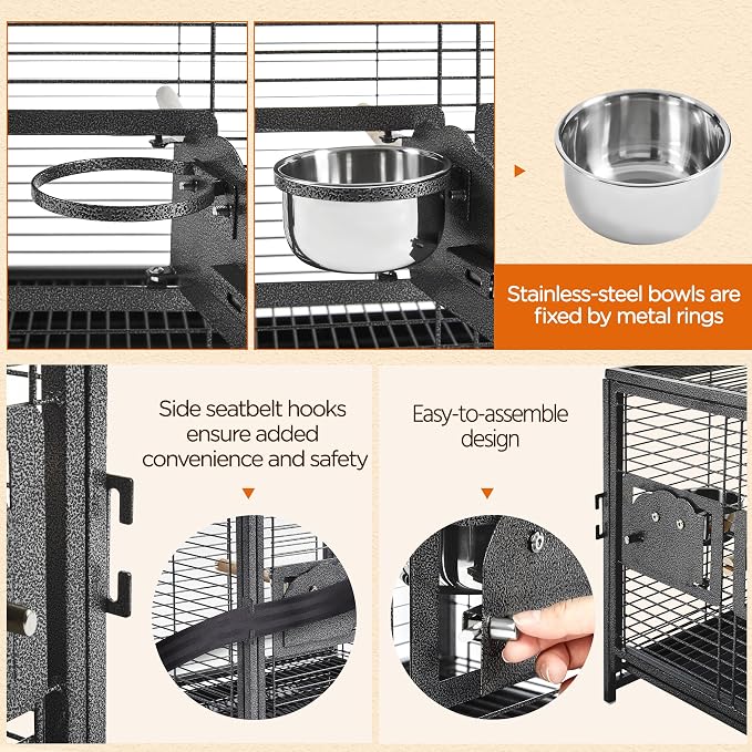Yaheetech 25.5" Small Bird Cage, Wrought Iron Bird Travel Cage with Wooden Perch Handle & Seed Guard for Conures, Budgies, Lovebirds & Small to Medium Birds - Image 6