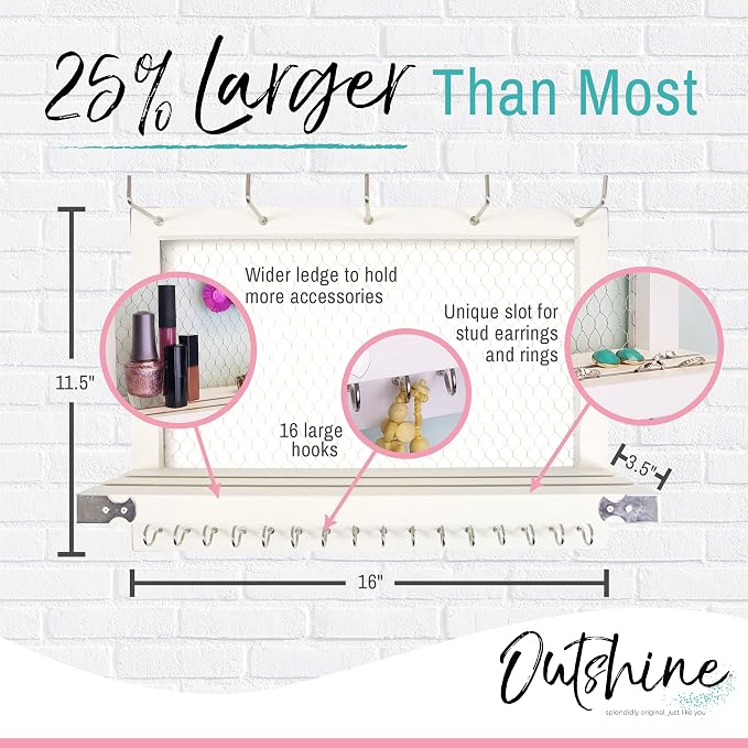 OUTSHINE Large Farmhouse Wall Jewelry Organizer (White) | Wall Organizer For Earrings, Necklace, Bracelet, Hair Accessories | Chicken Wire Earring Holder | For Women, Wife, Mom, Girlfriend - Image 2