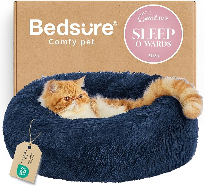 Bedsure Calming Cat Beds Donut Round Washable Kitten Bed,20 inches Navy | Fluffy Faux Fur Cuddler,Machine Washable,Anti-Slip Bottom,Anti-Anxiety,Deep Sleeping for Cats&Small Pets Up to 15 Lbs by Unknown