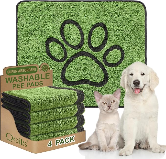 Qeils Reusable Dog Pee Pads, Washable Puppy Pads, Leak-Proof 30"x34" 4 Pack | Super Absorbent And Non-Slip Potty Training Pads, Soft Paw Print Plush Design, Ideal For Crates, Couch, Car Seats & Pet Beds by Qeils