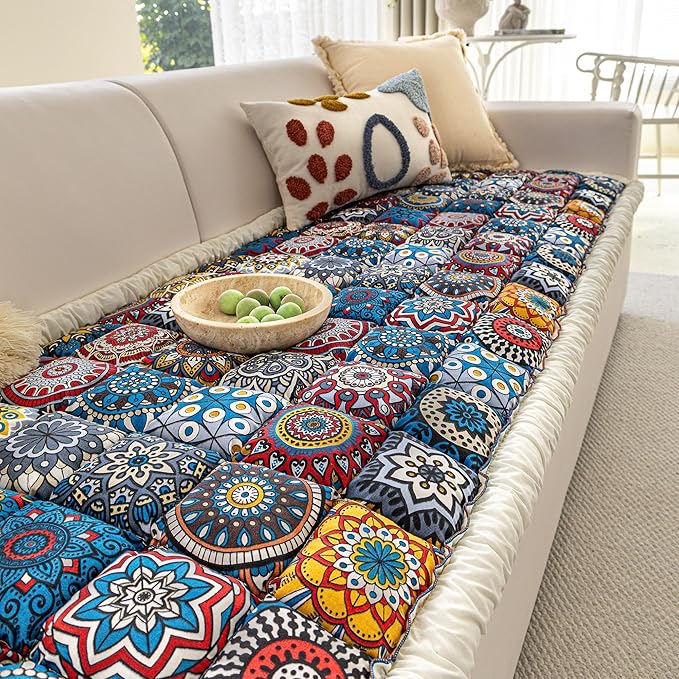 Non Slip Couch Cover for Dogs, Washable Pet Sofa Cover for 3 Cushion Couch, Boho Style Slipcover, Pet Friendly Furniture Protector (Blue, 27.6 x 59 in) by HOMEREFROM