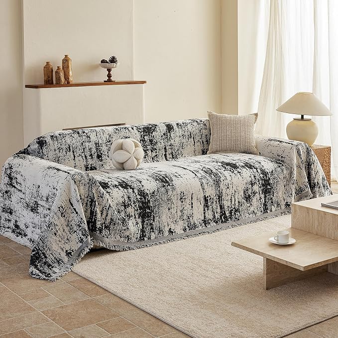 STACYPIK Abstract Geometric Sofa Covers for Sectional,Modern Aesthetics Chenille Couch Cover for 3 Cushion Couch, Non Slip Black & Beige Jacquard Couch Protector for Dogs, Loveseat Slipcover-71X150IN - Image 2